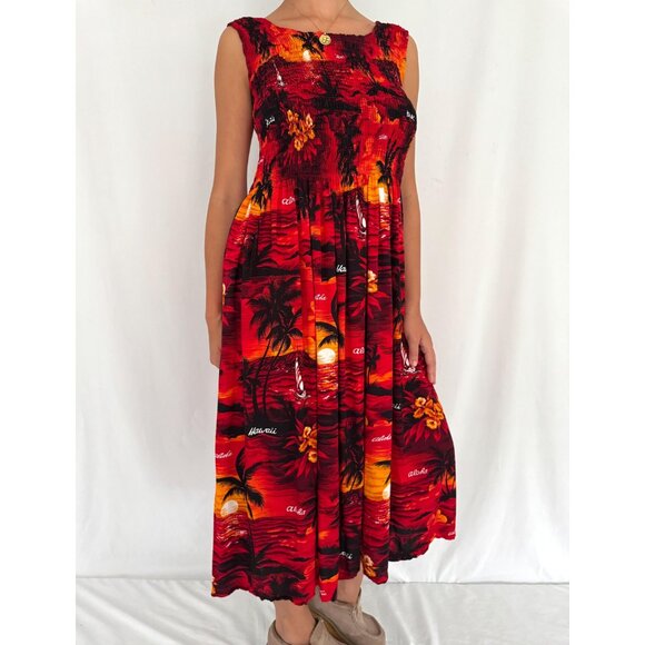 90s vintage red Hawaiian print beach vacation stretchy rayon cover up maxi dress - Picture 6 of 10